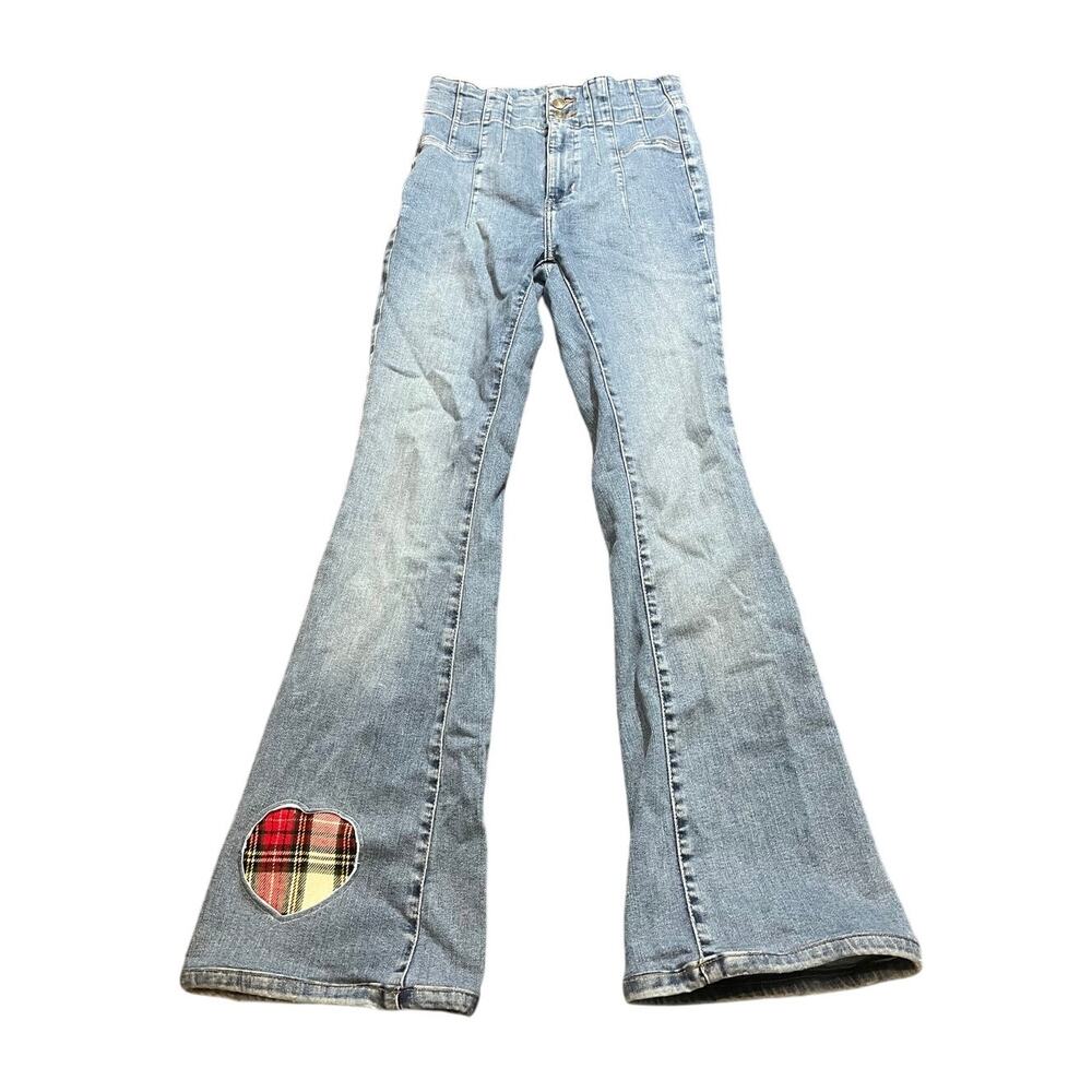Free People Light Wash Flare Jeans with Plaid Heart Patch